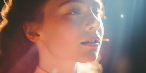 Obraz premium Girl with a hopeful look, bathed in the glow of soft sunlight