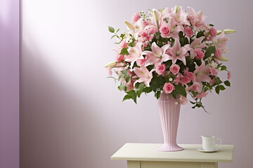 Big bouquet of pink flowers on pedestal with copy space, room with fresh lilies