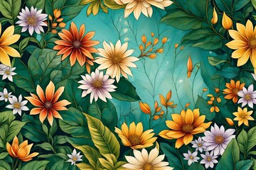 Picture a lush nature background adorned with wildflowers, illuminated by the perfect play of light. The hyper-realistic details