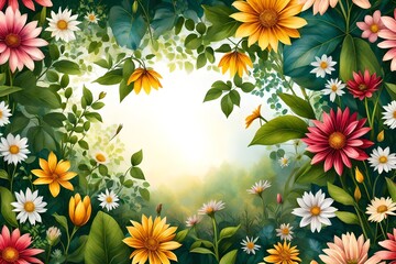 Picture a lush nature background adorned with wildflowers, illuminated by the perfect play of light. The hyper-realistic details