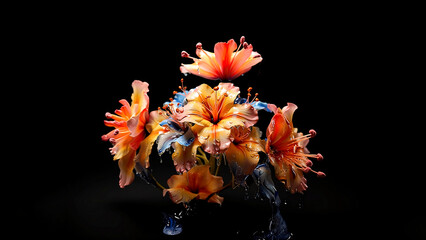 Colorful tropical flowers dripping in paint against black background. Creative spring idea. Flowers design. Minimal summer exotic concept with copy space.