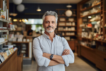 Pharmacy Drugstore: Portrait of Handsome Young Latin Man Searching to Purchase Best Medicine, Chooses between Two Packages of Drugs, Vitamins. Shelves full of Health Care, Wellness, Sport Supplements 