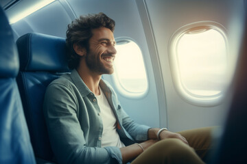 smile man in blue jacket sitting in seat in airplane and looking out window