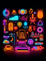A set of luminous neon symbols in 70s style, Generative AI - 702356160