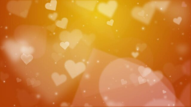 Happy Valentine's day card hearts abstract yellow looped background. Animated flying hearts and glowing particles.