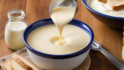 Choosing Between Condensed Milk and Evaporated Milk: A Culinary Guide. Bowl with pouring condensed milk or evaporated milk.