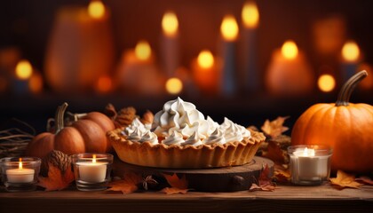 Delicious homemade pumpkin pie with autumn spices on a rustic wooden table background
