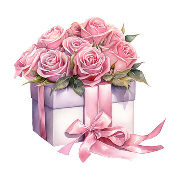 Pink roses in a pink gift box with a bow. AI generated image