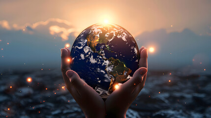 Earth at night was holding in human hands. Earth day. Energy saving concept, Elements of this image furnished by NASA - obrazy, fototapety, plakaty
