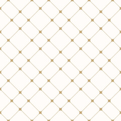 Golden grid vector seamless pattern. Abstract luxury geometric minimal texture with thin diagonal cross lines, nodes, squares, mesh, lattice, grill. Subtle simple white and gold checkered background
