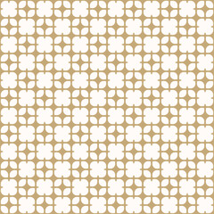 Vector geometric abstract seamless pattern. Elegant golden background in funky groovy style. Trendy retro style ornament. Simple texture with flower silhouettes, stars, curved shapes, grid, lattice