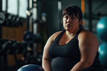 A very fat girl is working out at the gym, she squatted down to rest after her workout