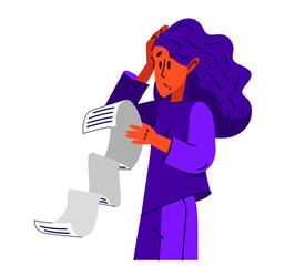 Young woman in trouble have a very long list to do, vector illustration of a stressed girl with long checklist, may be used as a long bill or check.