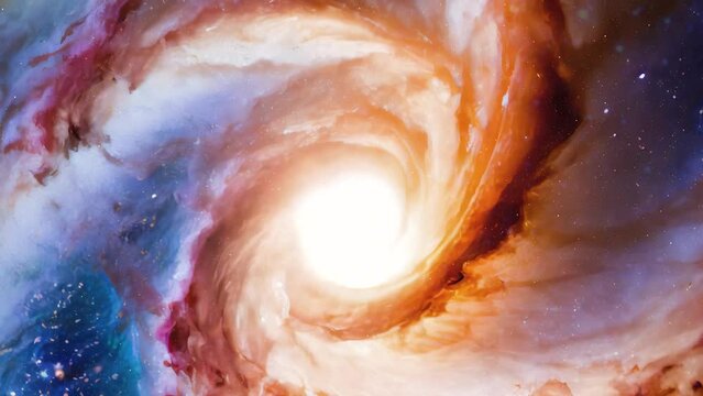 Rotating spiral galaxy with stars and stardust moving swiftly in a cosmic dance. Artistically rendered depiction of interstellar travel through space and time.

