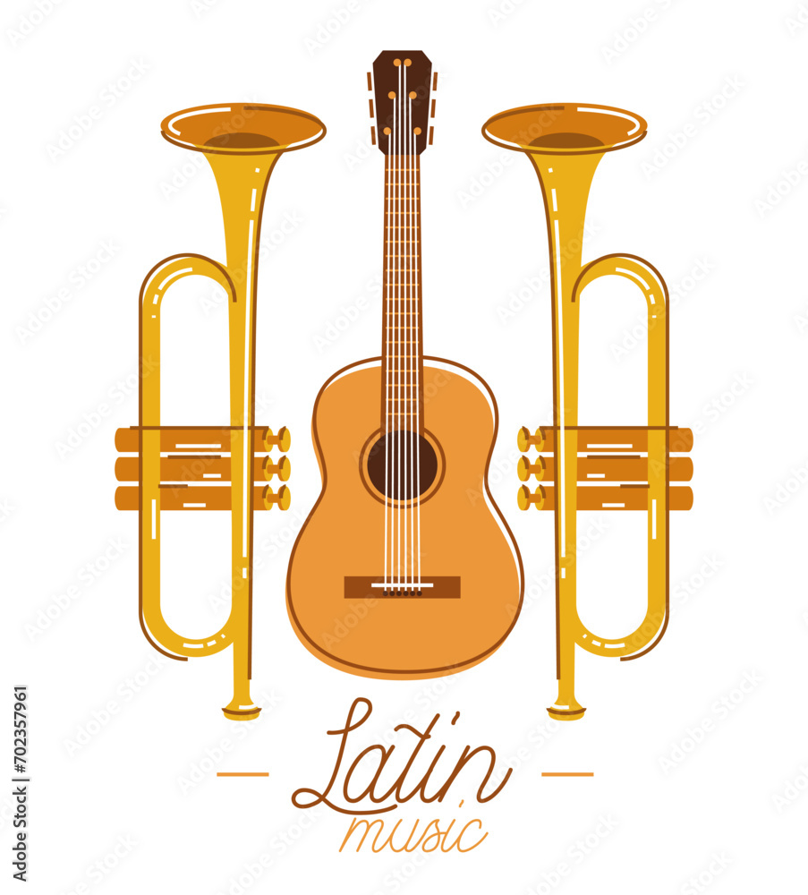 Poster latin music emblem or logo vector flat style illustration isolated, acoustic guitar logotype for rec