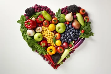 Gordijnen Colorful heart shaped fruit and vegetable arrangement isolated on white background, top view © Ilja