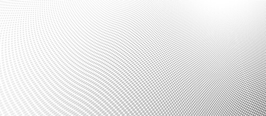 Grey dots in 3D perspective vector abstract background, dotted pattern cool design, wave stream of science technology or business blank template for ads.