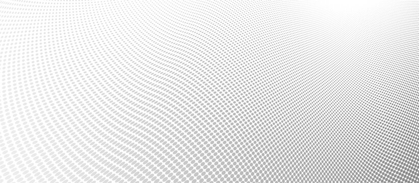 Grey dots in 3D perspective vector abstract background, dotted pattern cool design, wave stream of science technology or business blank template for ads.