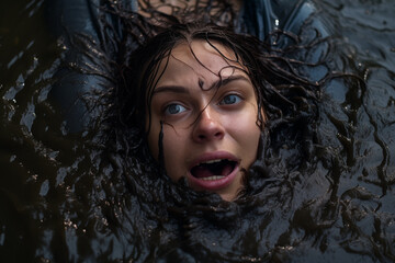 Drowning woman in dark floodwaters during winter