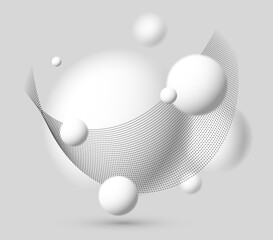 Defocused light levitating spheres with particles wave flowing atmospheric ambient vector background, 3D balls dynamic design, soft and easy futuristic wallpaper.