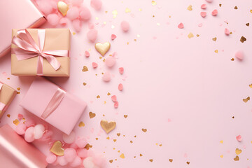 Layout for the holiday of Valentine's Day, gift, confetti and hearts, on a pink background with copy space. - obrazy, fototapety, plakaty