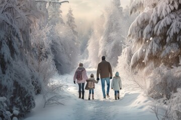  family walks in the winter forest in nature.view from the back