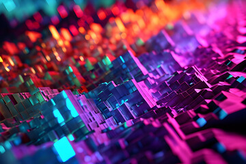 The background is multicolored iridescent cube crystals and bokeh - obrazy, fototapety, plakaty