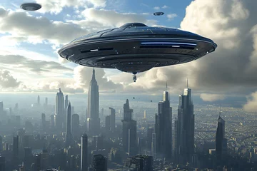Photo sur Plexiglas UFO UFO over the megapolis.