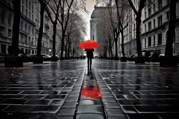 Beautiful young woman with red umbrella standing in the rain, empty copy space for text or design
