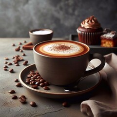 Fototapeta premium Cup of hot cappuccino on the table. AI generated illustration