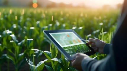 A modern farmer at a corn field uses a digital tablet for reviewing harvest and crop performance, ESG concept and application of technology in contemporary agriculture practices
