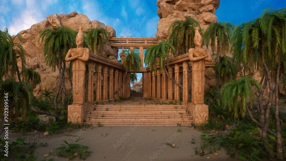 Aufkleber fantasy ancient egyptian ruin with steps leading between giant stone statues and columns. 3d illustr
