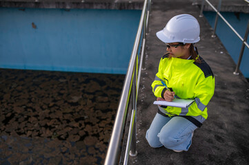 Environmental engineers work at wastewater treatment plants,Water supply engineering working at Water recycling plant for reuse