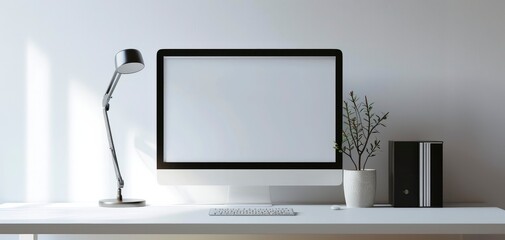 Digital flat computer monitor on white table blank screen