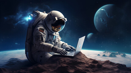 Astronaut in space works on a laptop, Neural network concept