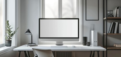 Digital flat computer monitor on white table blank screen