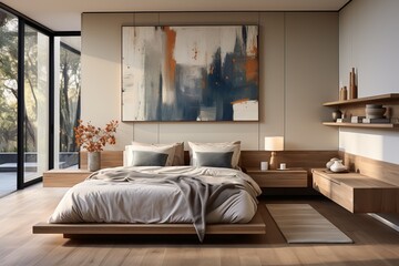 White and Blue Bedroom with Wood Furniture
