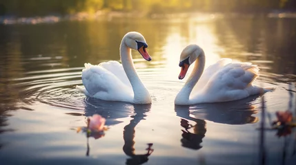 Tuinposter two beautiful swans on the water © Артур Комис
