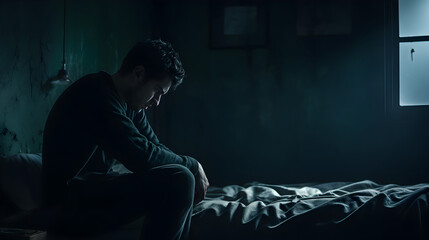 Depressed man sitting alone on bed near a window in dark environment