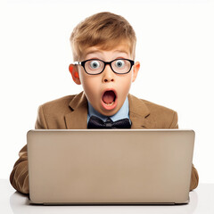 Small kid boy surprised or shocked looking at laptop screen isolated on white background 