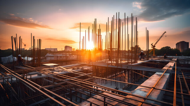 Construction site during sunset, structural steel beam in large residential buildings