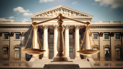 Fairness scales of justice with court house building background - obrazy, fototapety, plakaty
