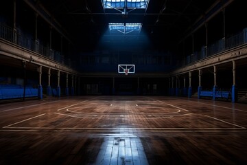 Title majestic and tranquil a mesmerizing empty basketball court illuminated in the darkness