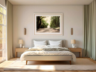 Modern Bed room with poster on wall 
