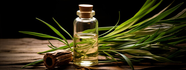 bottle, jar with vetiver essential oil extract