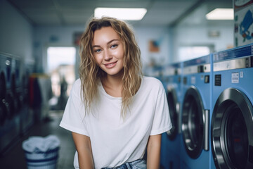 Young woman enjoying clean ironed clothes in the self serviced laundry with dryer machines on the background - obrazy, fototapety, plakaty