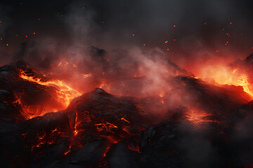 Charcoal and ash volcanic textures 3d illustration with lava, smoke and fog, background with copy space for text