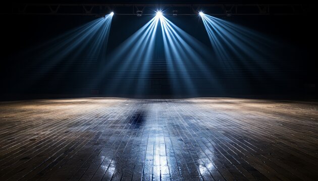 The title for the image could be eerie glow on an empty basketball court in a dark arena