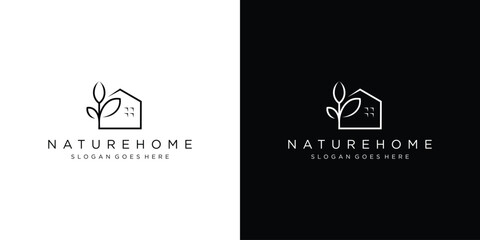 Simple Nature Home Logo. Nature House Leaf, Plant, Tree Linear Outline Style. Icon Symbol Vector Design Template.