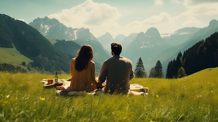 Young couple in doing picnic. Boyfriend and girlfriend sitting and looking at the beautiful scenic green meadow landscape
